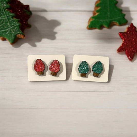 Christmas Light Bulb Stud Earrings Wood